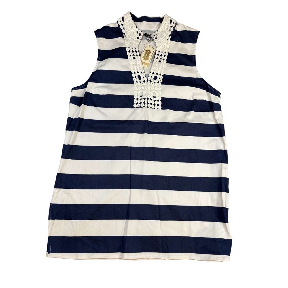 Womens Sleeveless Navy & White Striped Top W/ Crochet Neckline - Mudpie Size L
